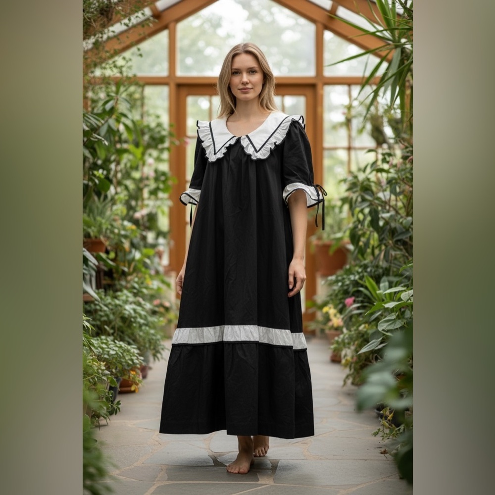 Batsheva Black Maxi Dress with White Ruffle Collar